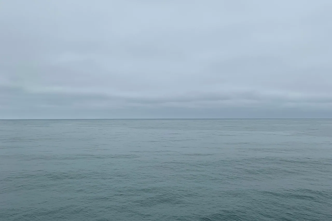 Small dark island isolated in misty, still water.